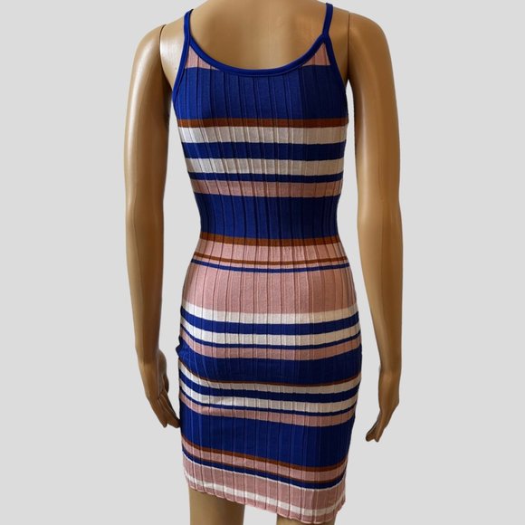 Women Ribbed Woven Bodycon Dress Medium M Blue Pink White Stretch Wide Stripes - Picture 5 of 16